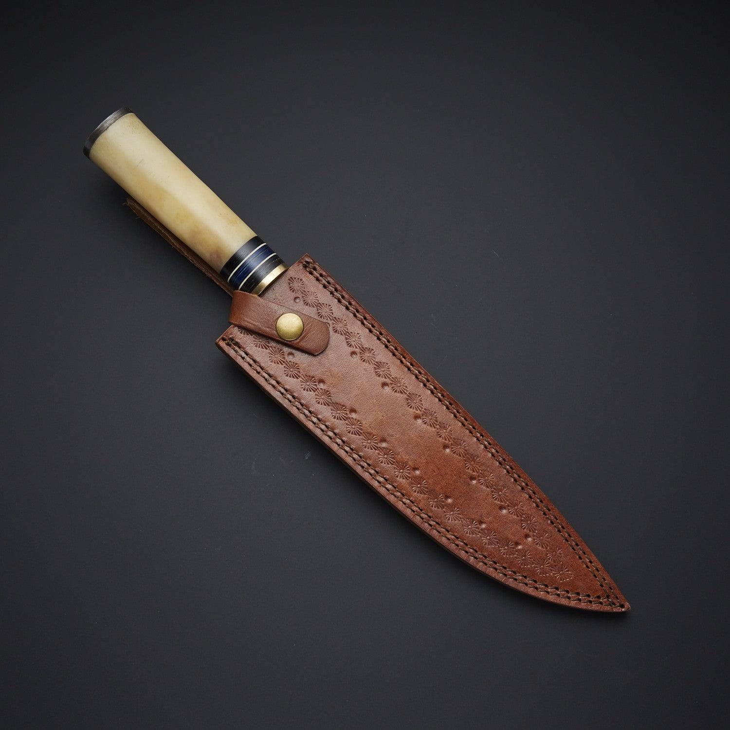 Handmade Damascus Steel Hunting Knife with Horn Handle & Leather Sheath Knives Craft