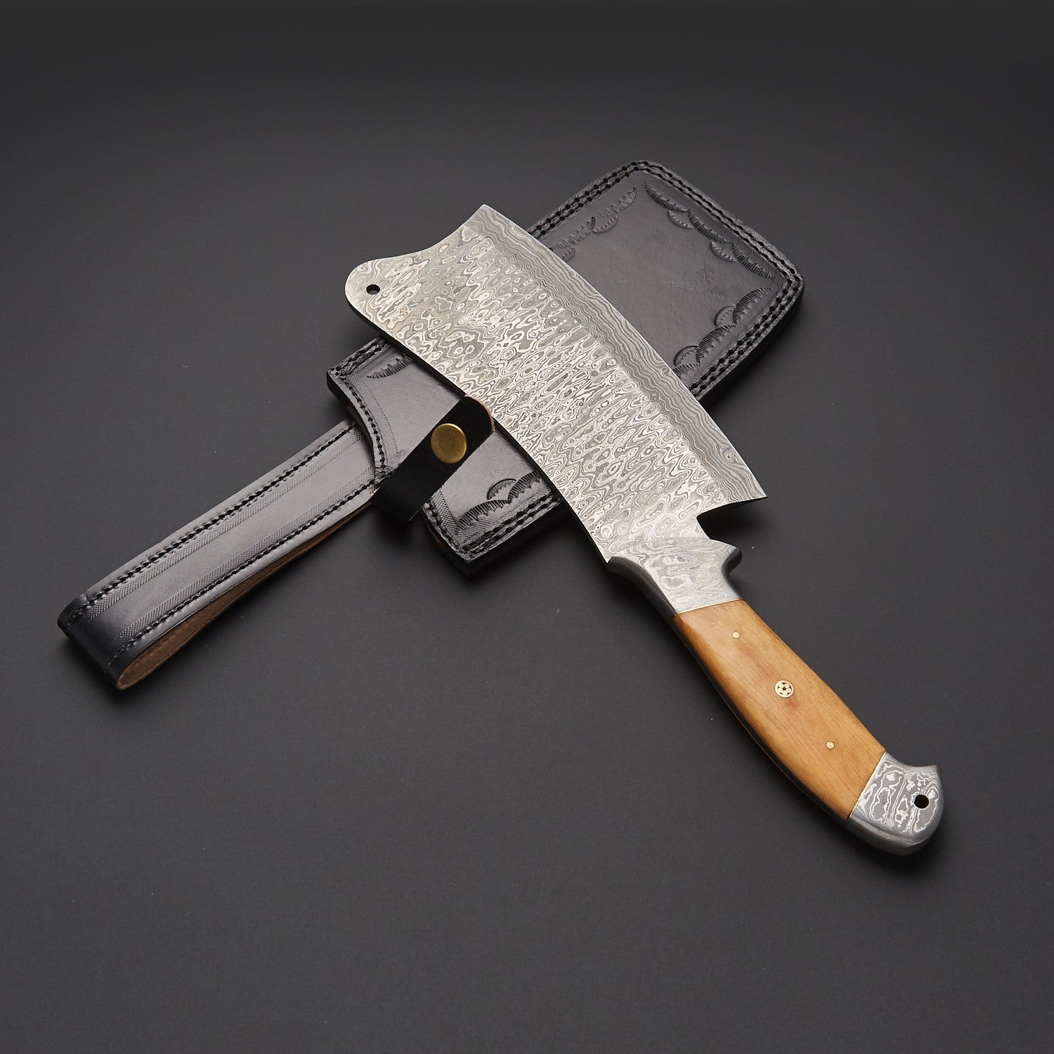 Hand-Forged Damascus Steel Cleaver Knife with Wood Handle + Leather Sheath Knives Craft