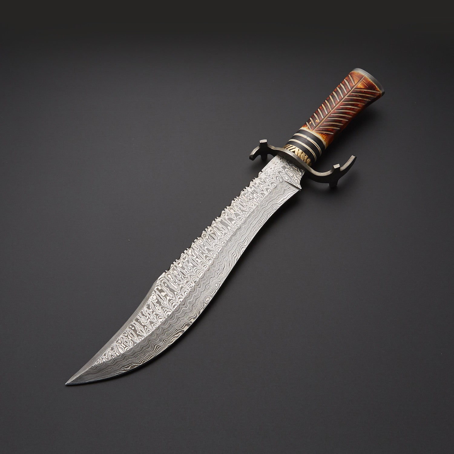 Handmade Damascus Steel Bowie Knife with Engraved Handle & Leather Sheath Knives Craft