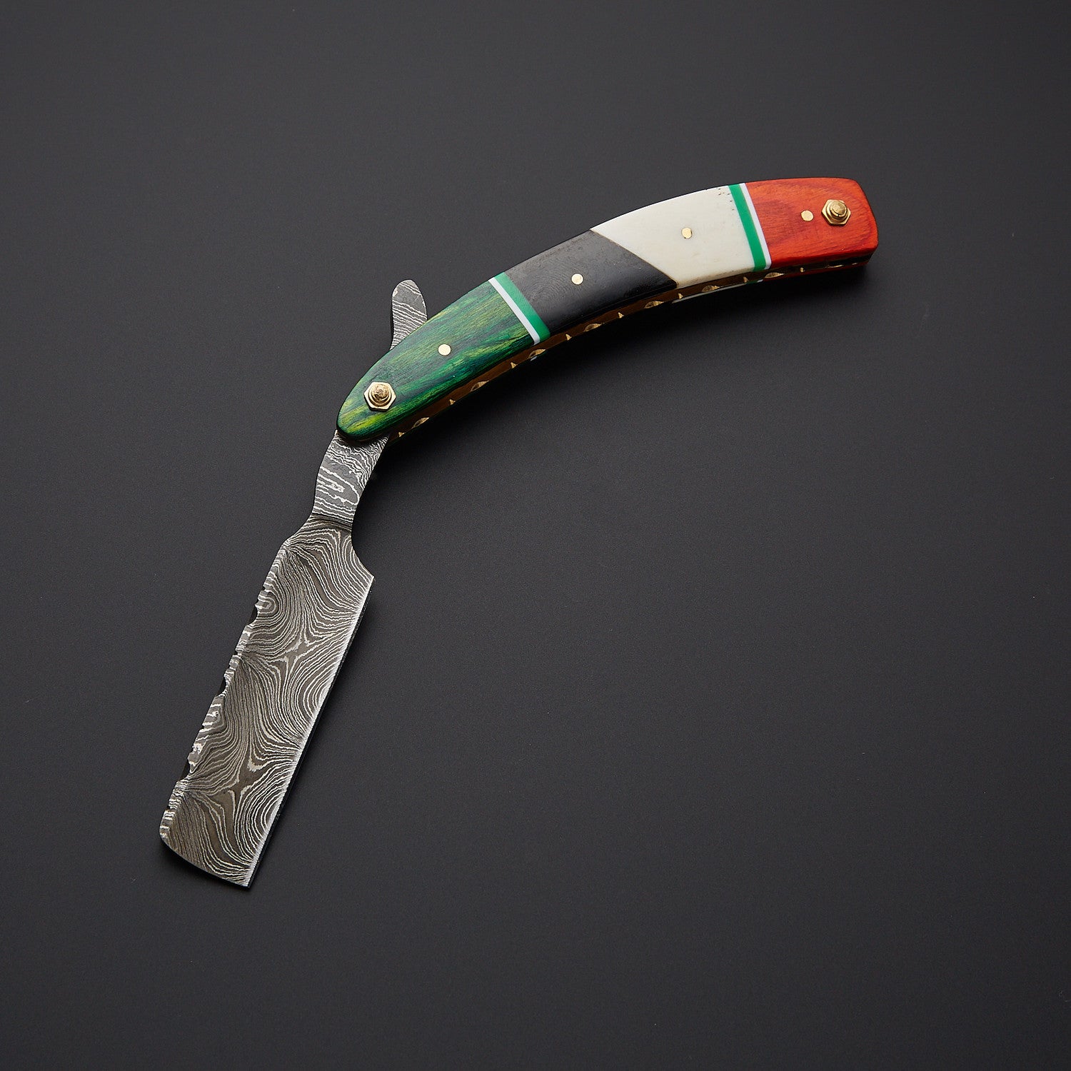 Damascus Steel Straight Razor Folding Knife – Colorful Wooden Handle, Leather Sheath Knives Craft