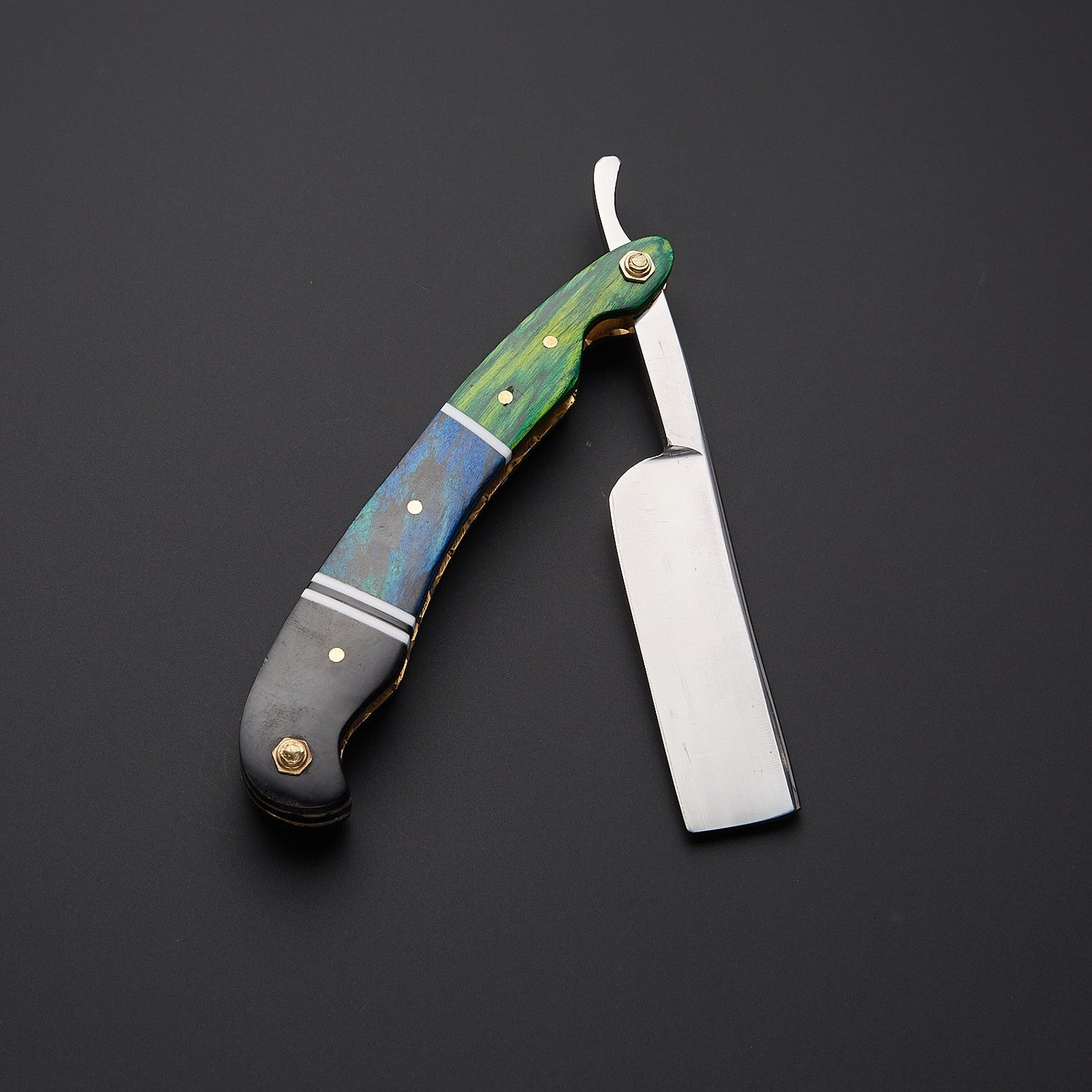 Damascus Steel Straight Razor Folding Knife Colorful Wooden Handle, Leather Sheath Knives Craft