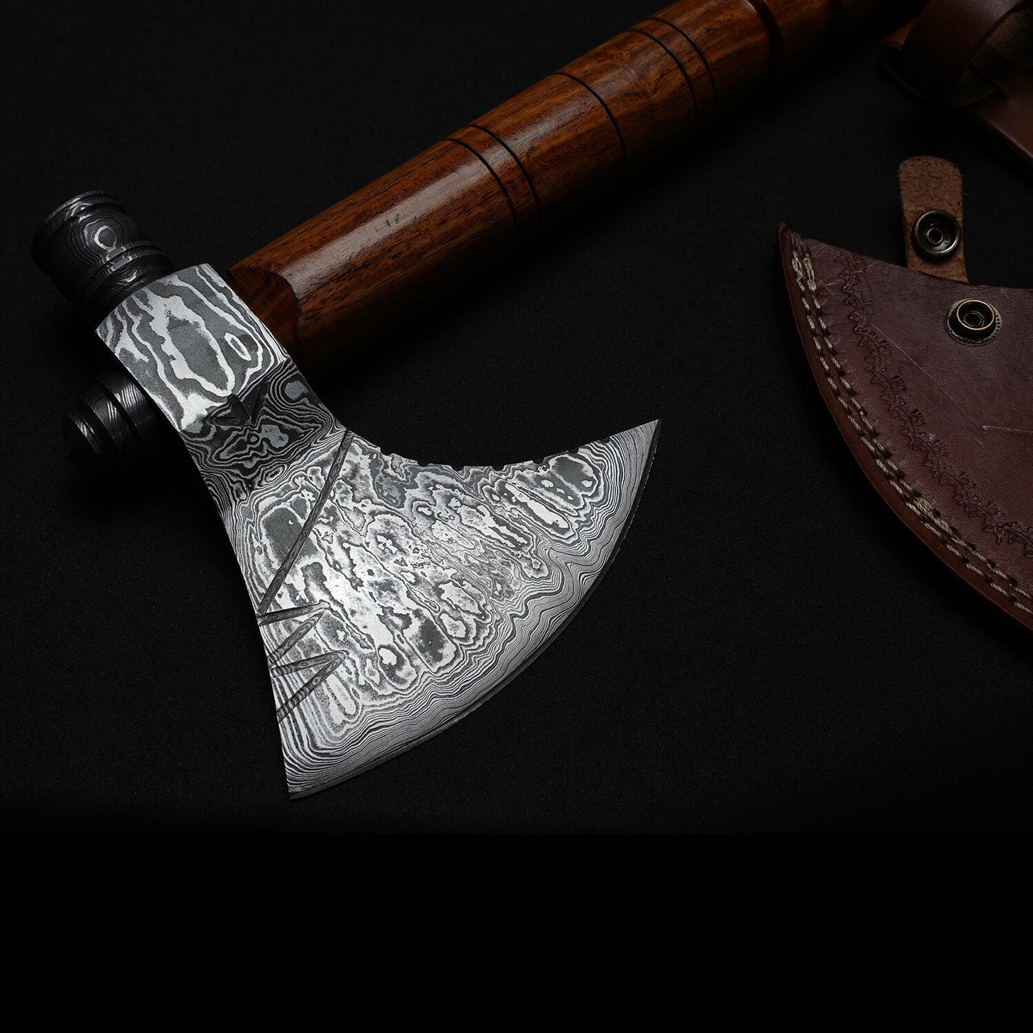 Hand-Forged Damascus Steel Viking Axe – Hammer Back, Wooden Handle & Leather Sheath Knives Craft