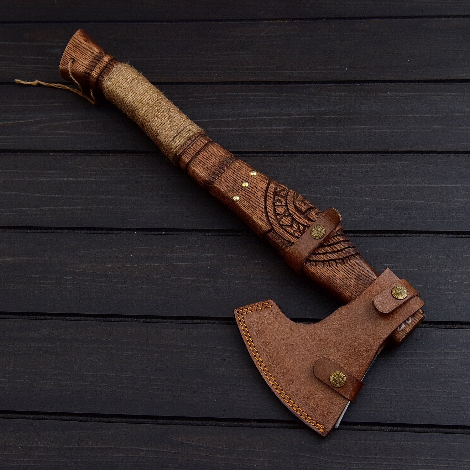 Handcrafted Viking Axe with Carved Wooden Handle & Leather Sheath Knives Craft
