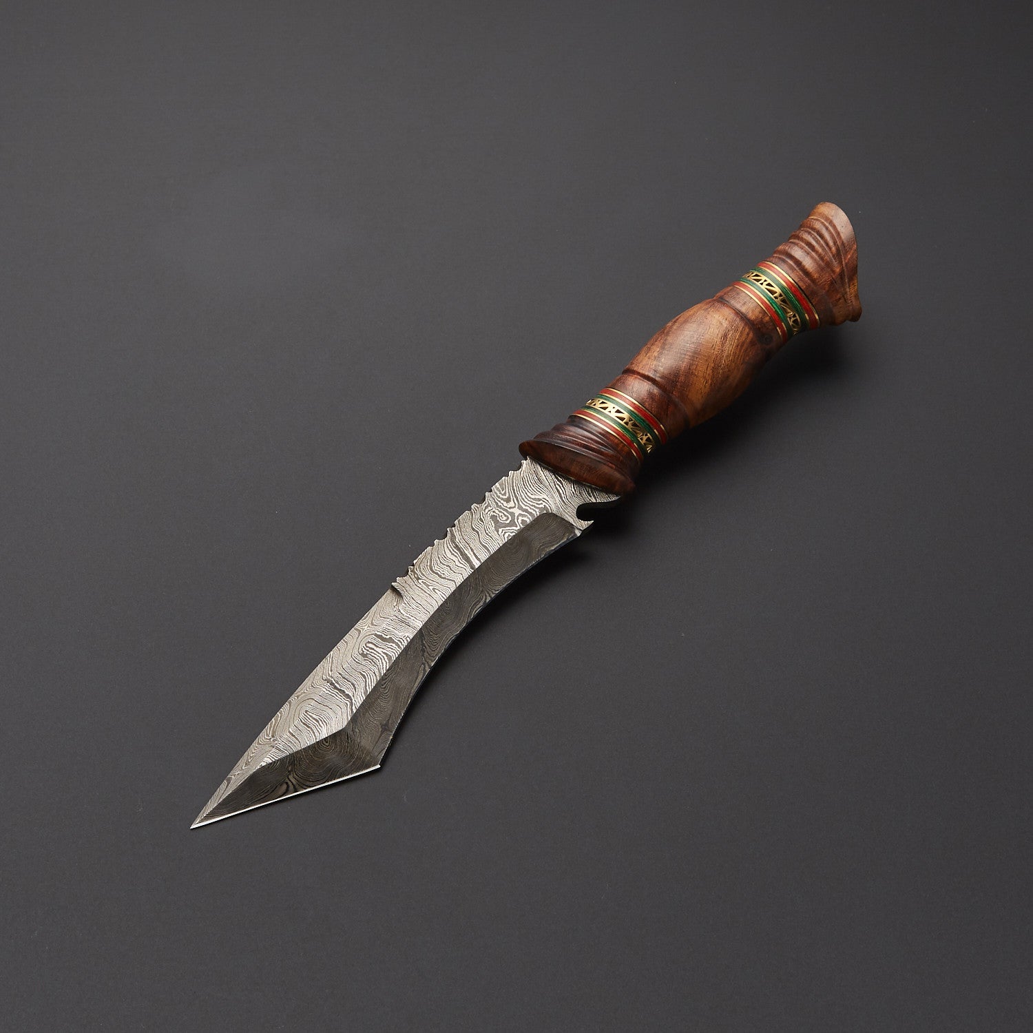 Handmade Damascus Steel Hunting Knife with Carved Wood Handle + Leather Sheath Knives Craft