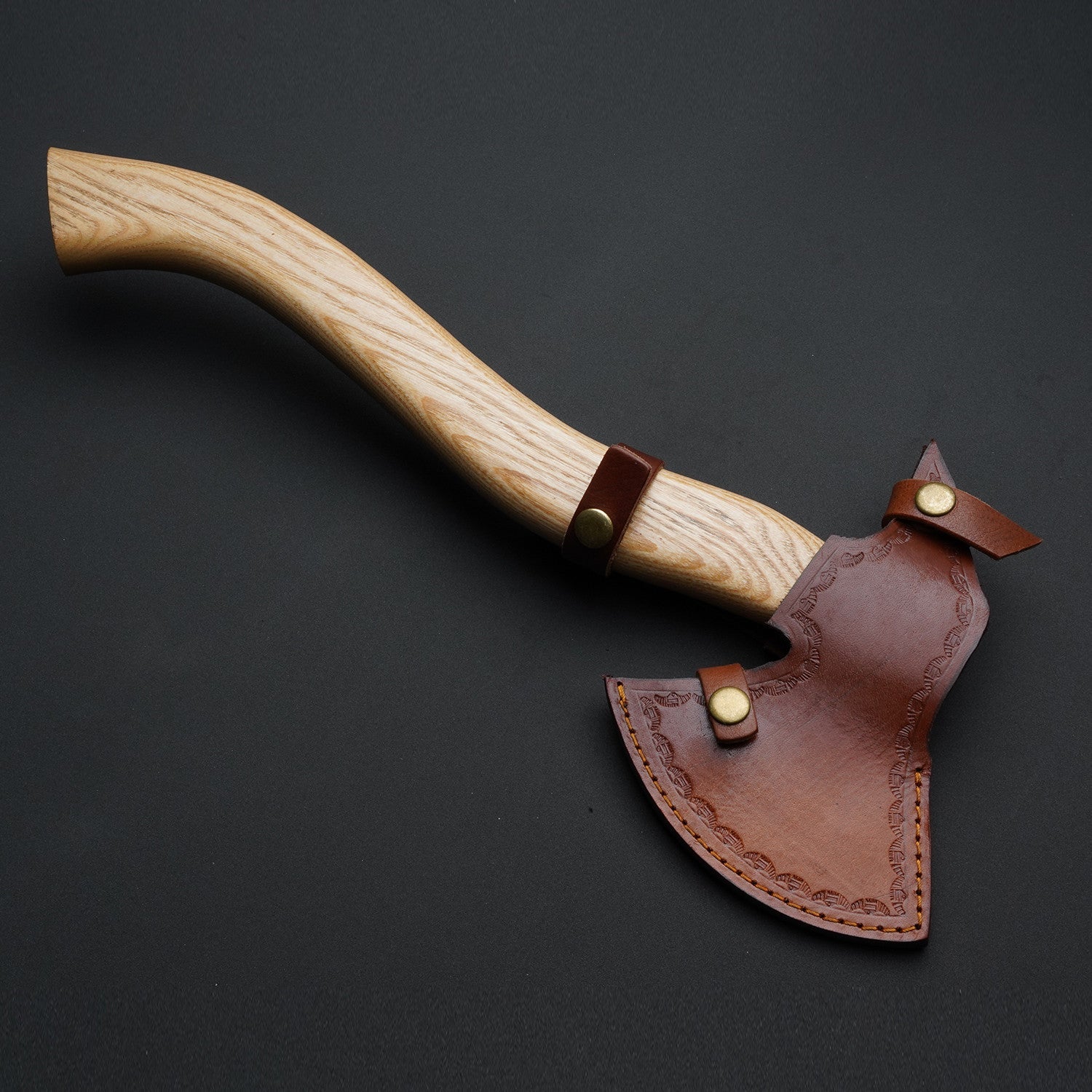 Hand-Forged Damascus Steel Viking Axe with Ash Wood Handle & Leather Sheath Knives Craft