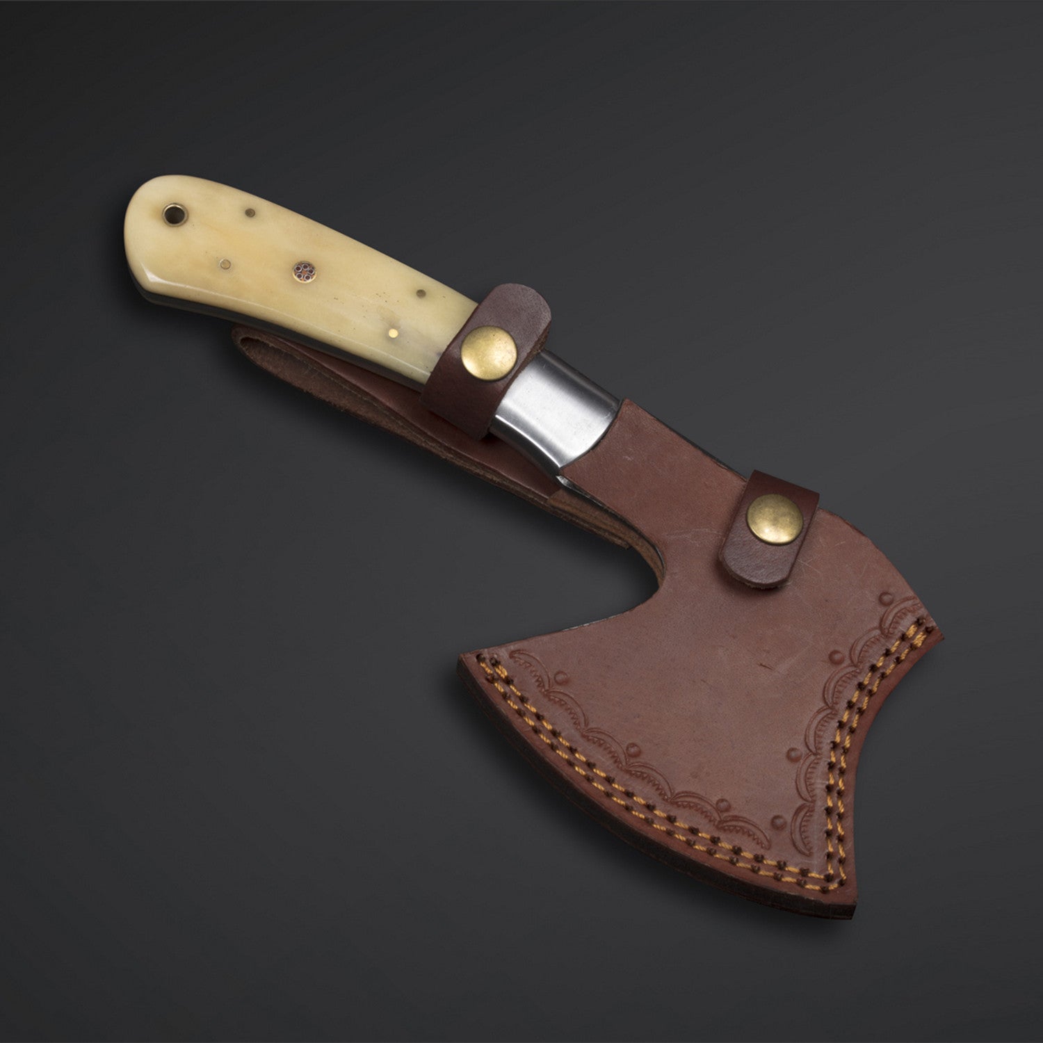 Custom Hand-Forged Damascus Steel Axe with Bone Handle & Leather Sheath Knives Craft