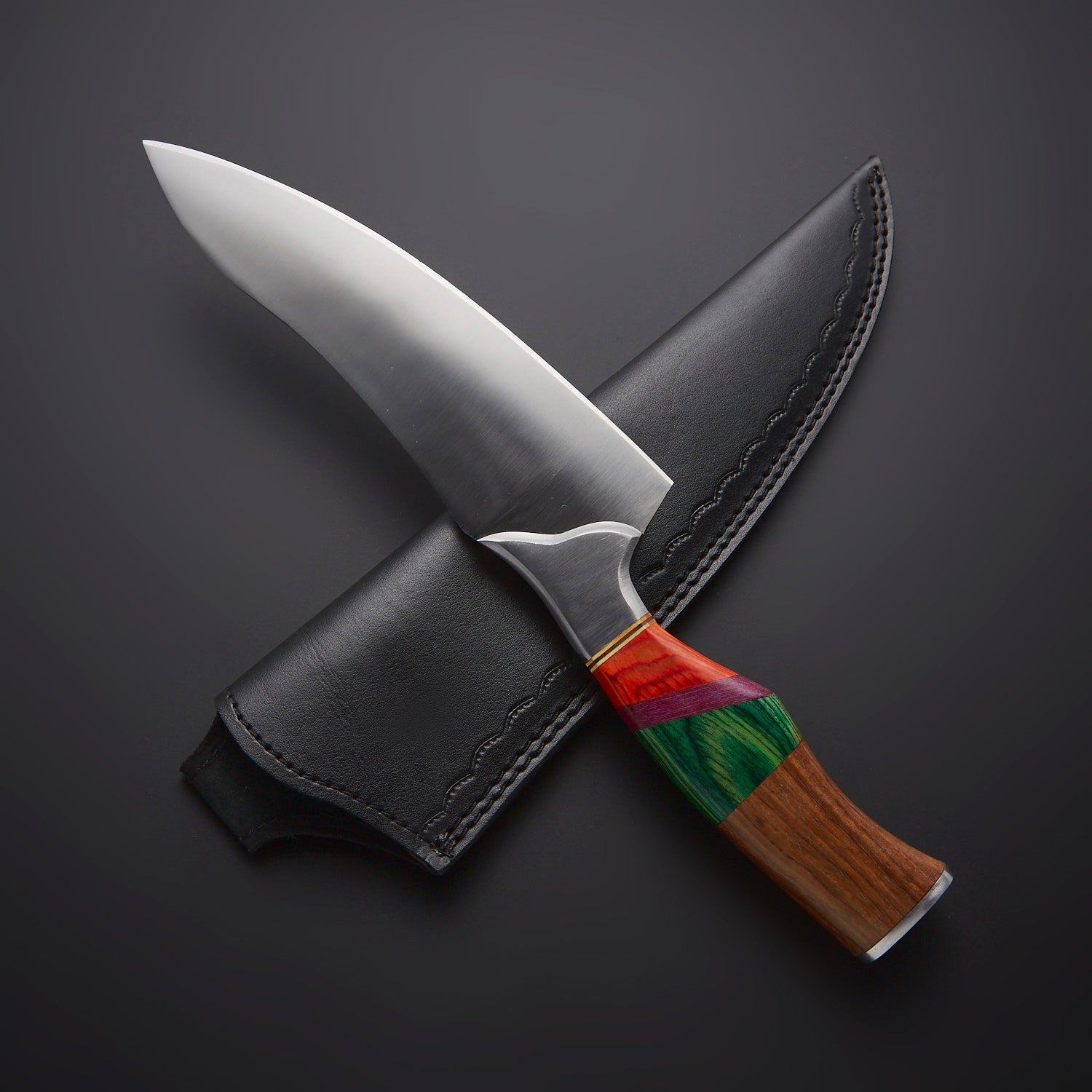 Professional Chef Knife with Multicolor Wood Handle & Leather Sheath Knives Craft