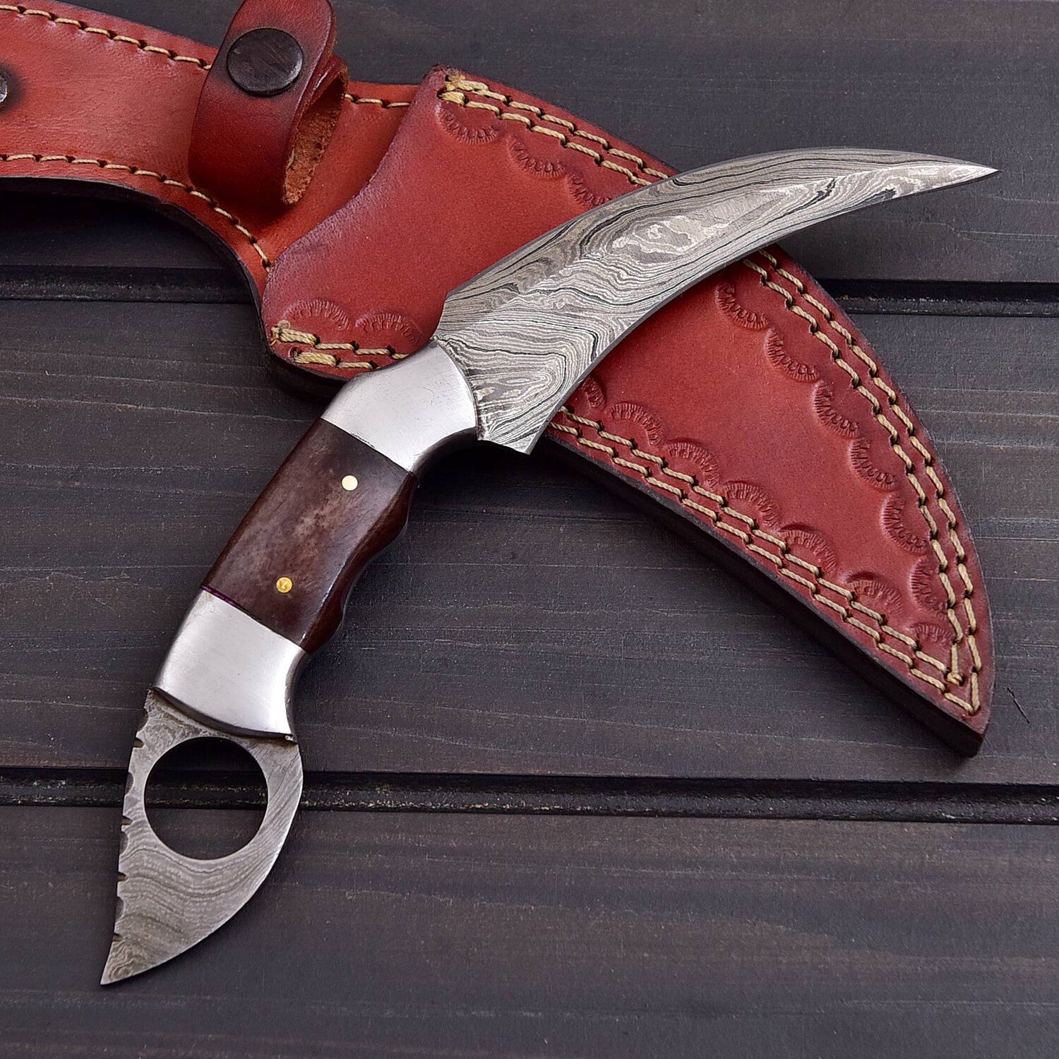 Handmade Damascus Steel Karambit Knife with Leather Sheath Knives Craft