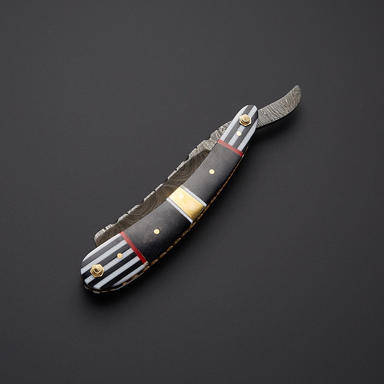 Damascus Steel Straight Razor Folding Knife Elegant Striped Handle, Leather Sheath Knives Craft