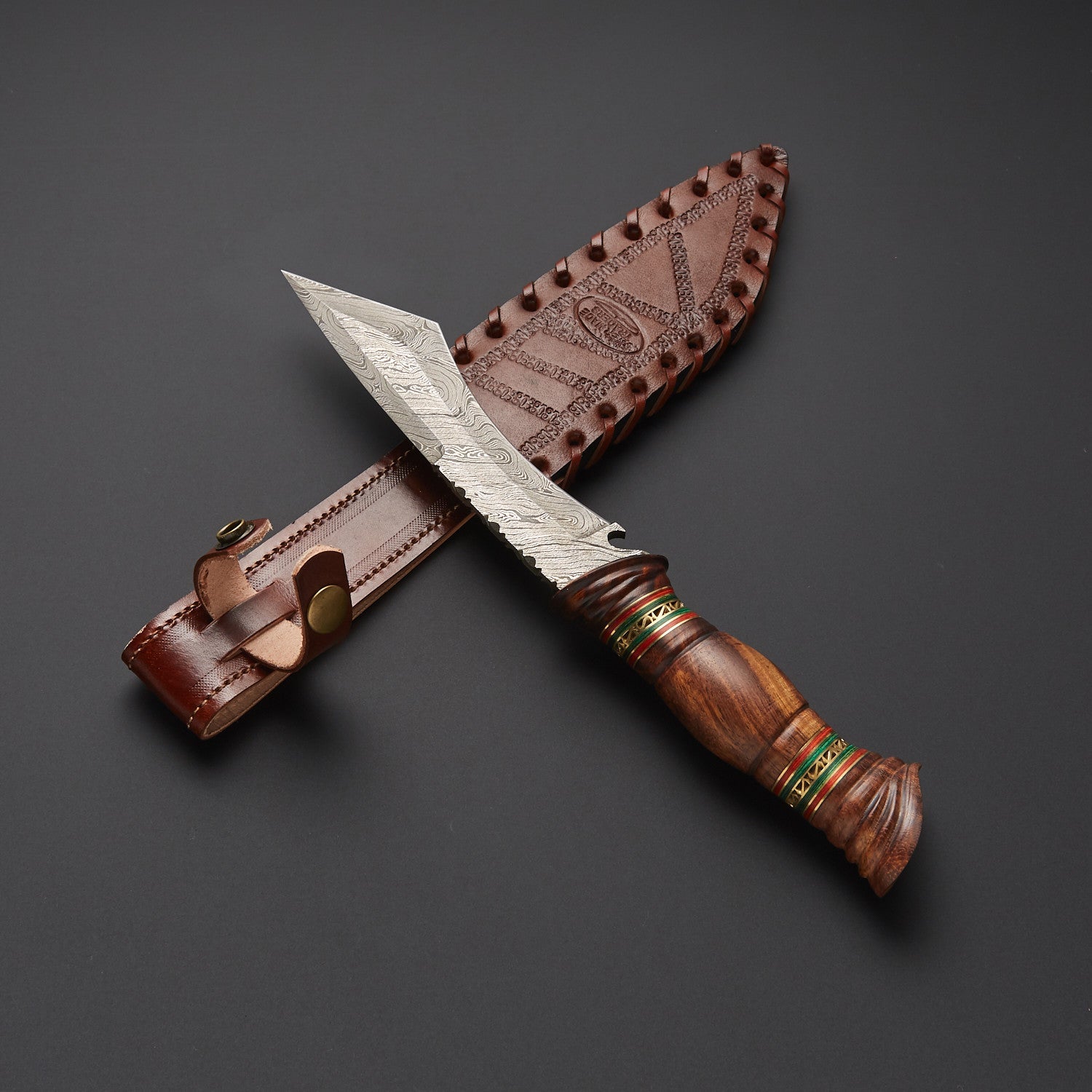 Handmade Damascus Steel Hunting Knife with Carved Wood Handle + Leather Sheath Knives Craft