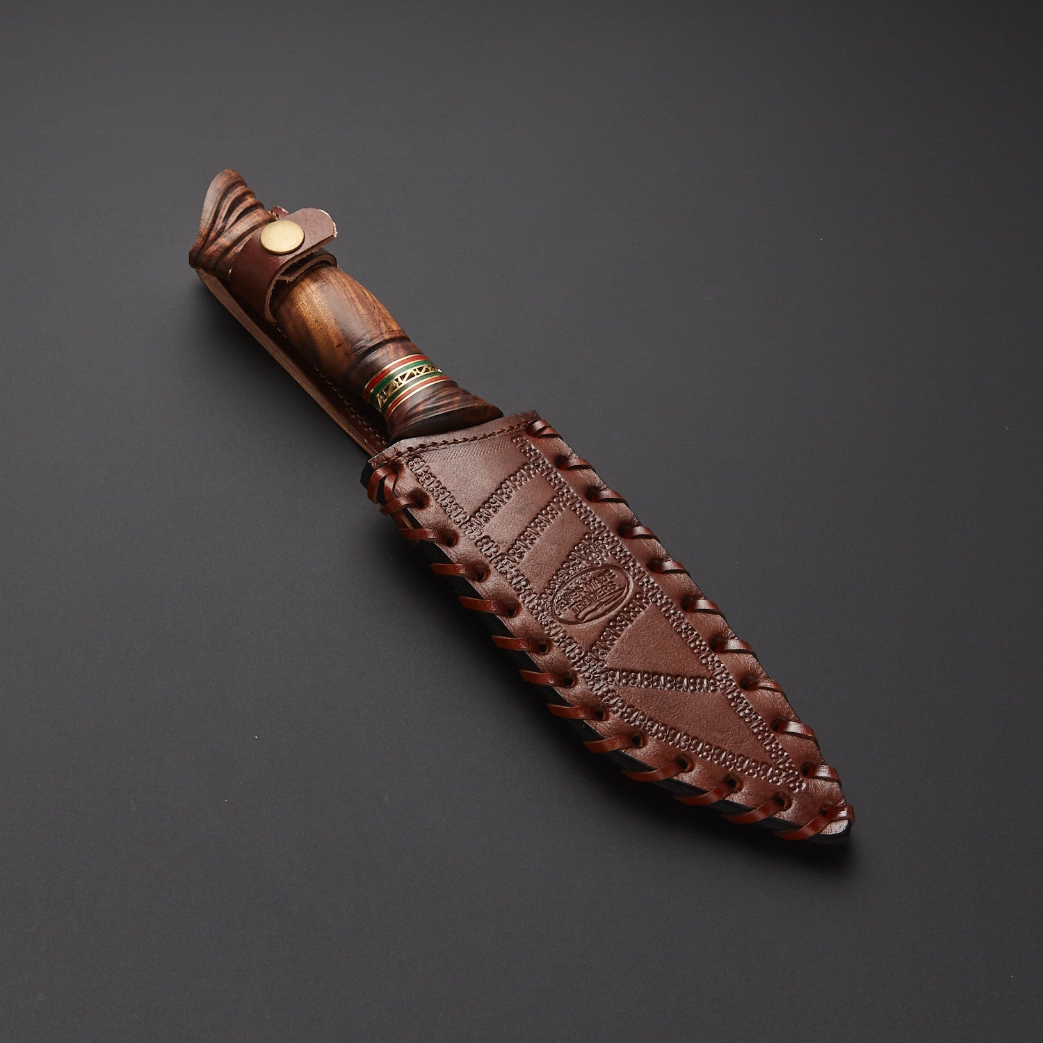 Handmade Damascus Steel Hunting Knife with Carved Wood Handle + Leather Sheath Knives Craft