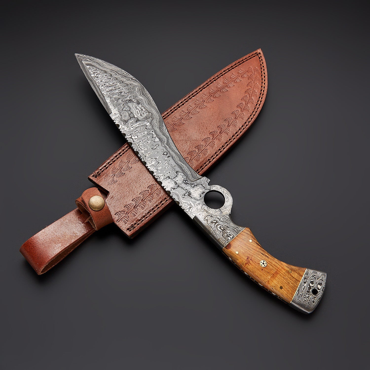 Hand-Forged Damascus Steel Tracker Knife with Wood Handle & Leather Sheath Knives Craft