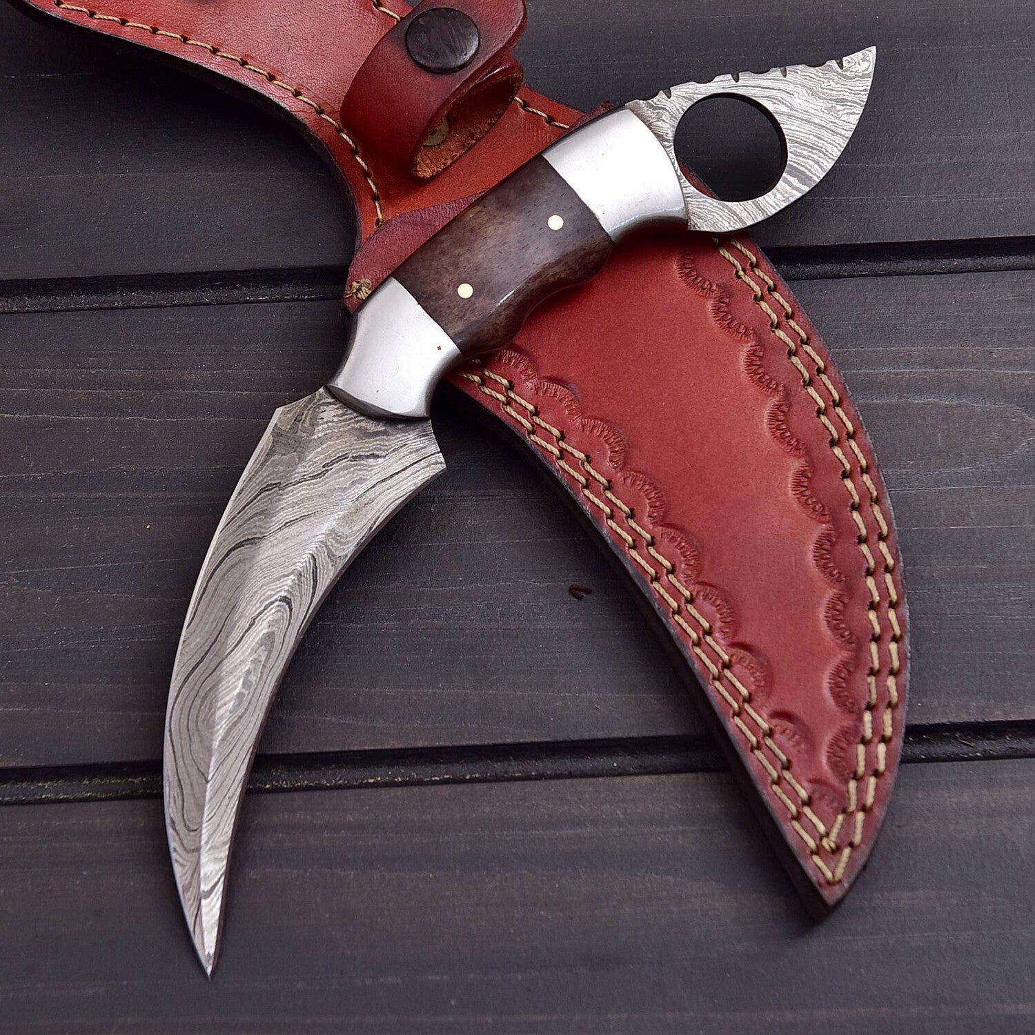 Handmade Damascus Steel Karambit Knife with Leather Sheath Knives Craft