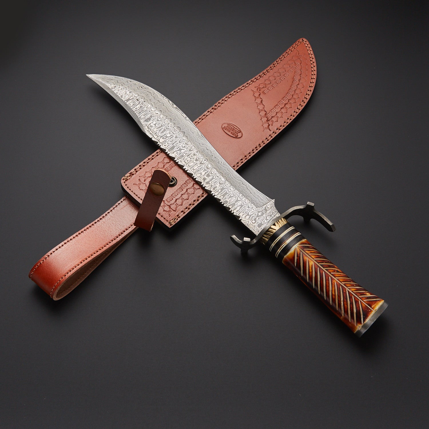 Handmade Damascus Steel Bowie Knife with Engraved Handle & Leather Sheath Knives Craft