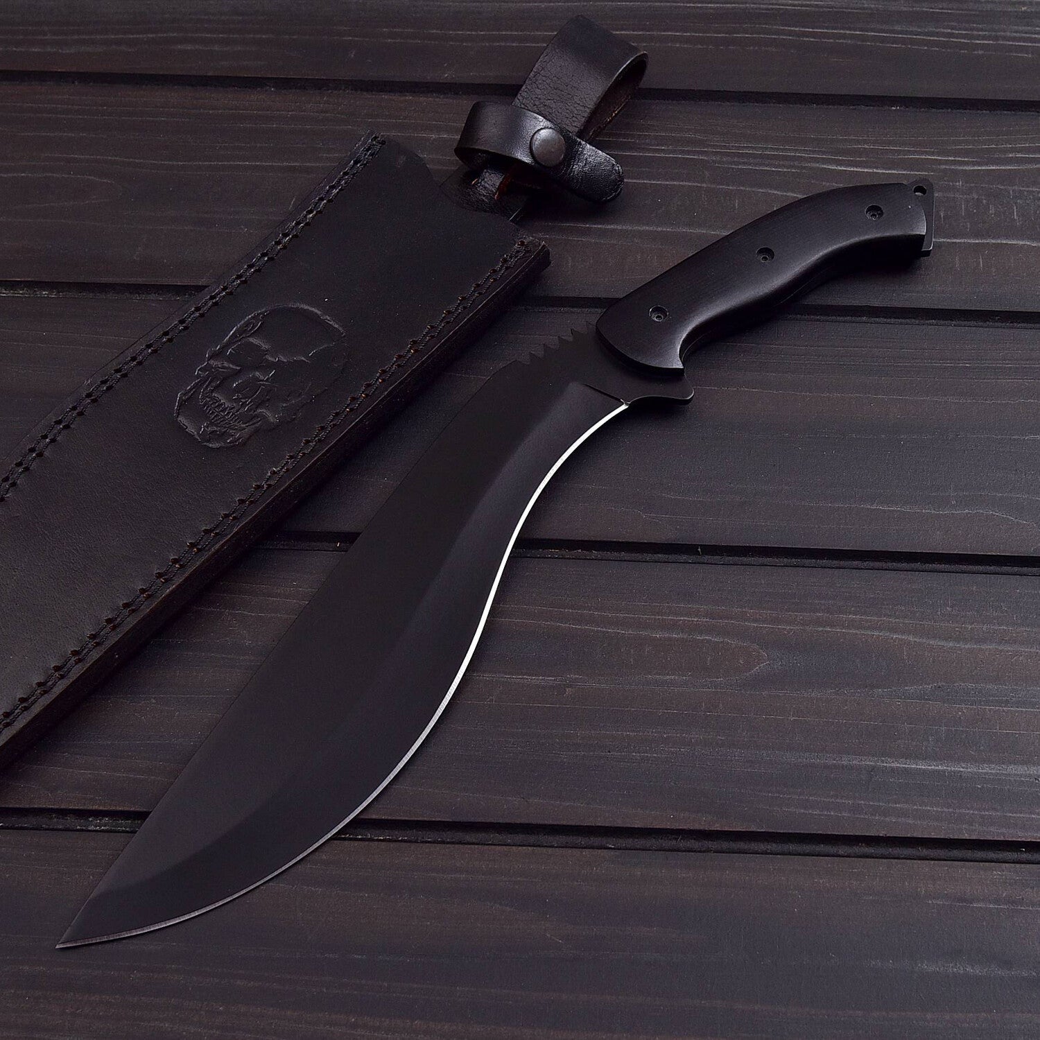 Black Tactical Kukri Knife with Custom Leather Sheath Knives Craft