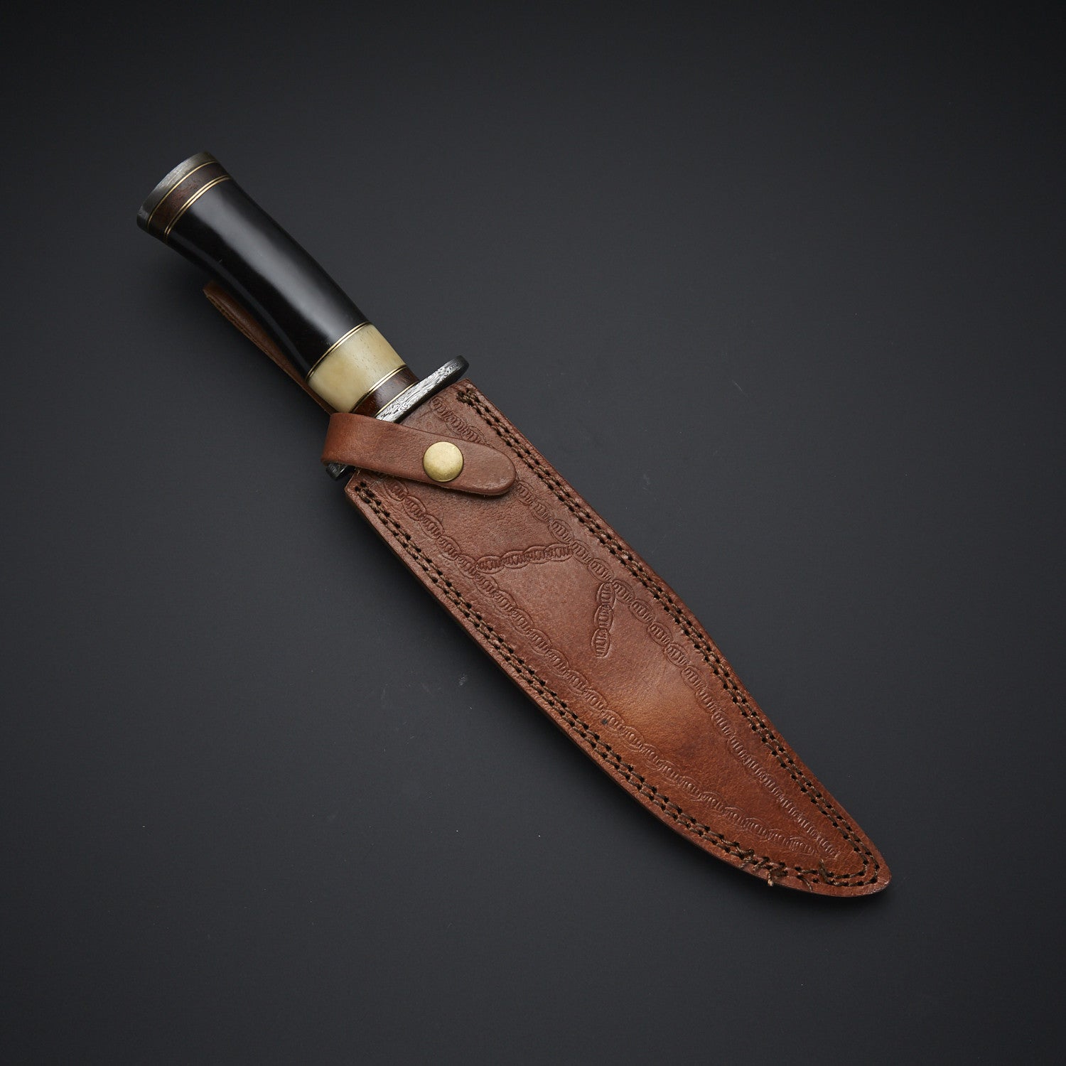 Handmade Damascus Steel Hunting Knife with Horn Handle & Leather Sheath Knives Craft