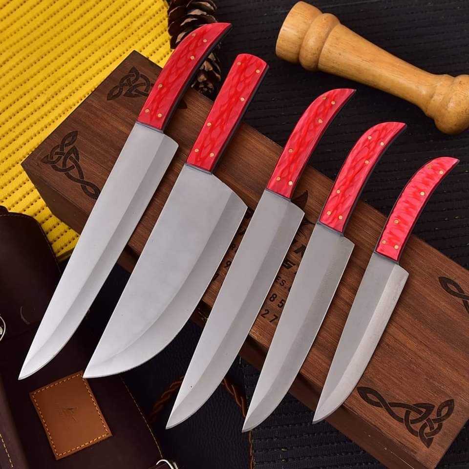 5-Piece Professional Kitchen Knife Set with Red Resin Handles & Leather Roll Bag Knives Craft