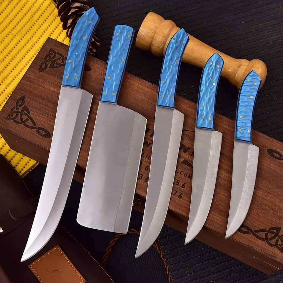 5-Piece Professional Chef Knife Set with Leather Roll Bag – Blue Resin Handle Knives Craft