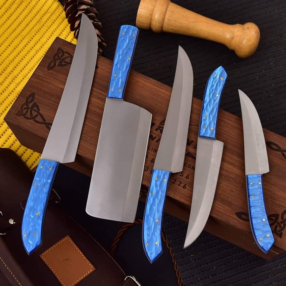 5-Piece Professional Chef Knife Set with Leather Roll Bag – Blue Resin Handle Knives Craft