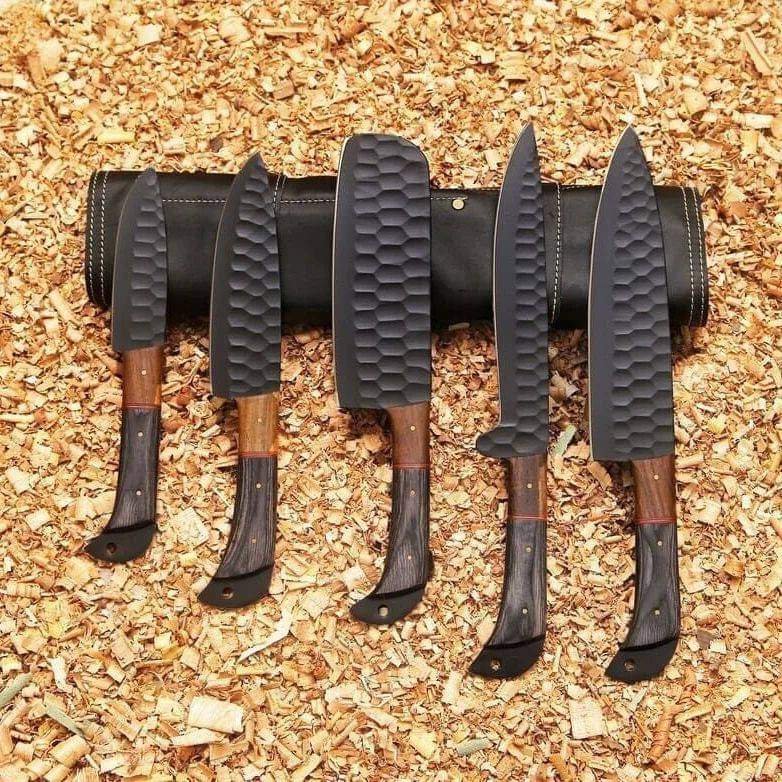 Hand-Forged Chef Knife Set – 5 Piece Kitchen Knives with Hammered Blades & Leather Roll Bag Knives Craft