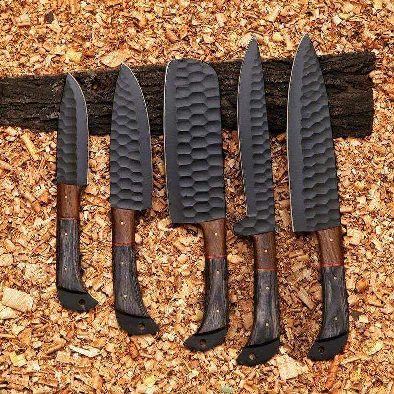 Hand-Forged Chef Knife Set – 5 Piece Kitchen Knives with Hammered Blades & Leather Roll Bag Knives Craft