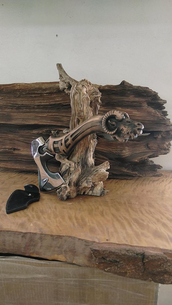 Handmade Viking Axe with Ram Head Carved Wooden Handle Knives Craft