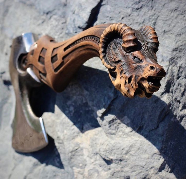 Handmade Viking Axe with Ram Head Carved Wooden Handle Knives Craft