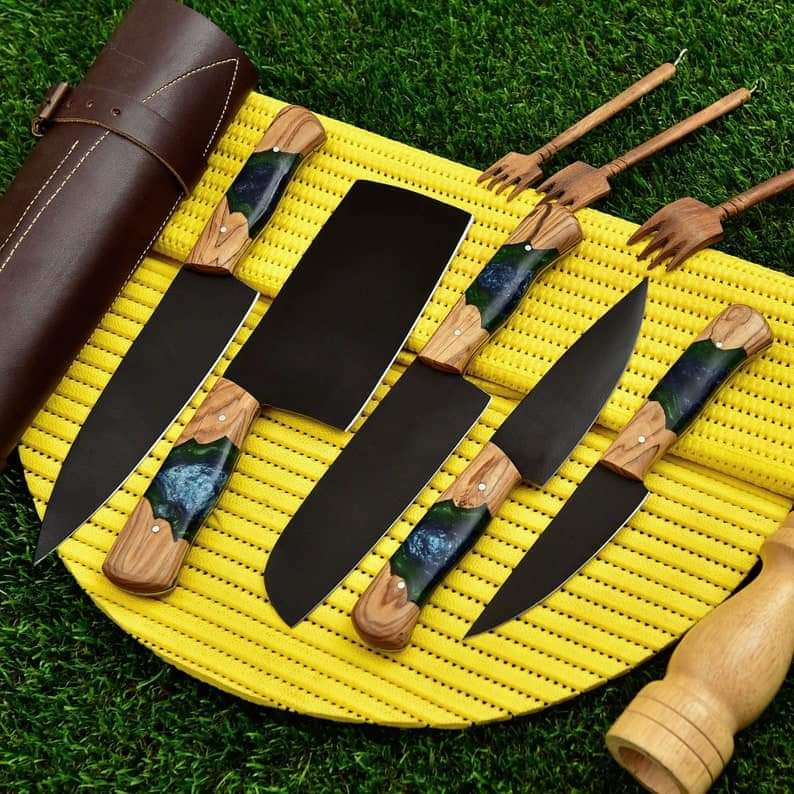 5-Piece Professional Black Blade Kitchen Knife Set with Wood & Resin Handles + Leather Roll Bag Knives Craft