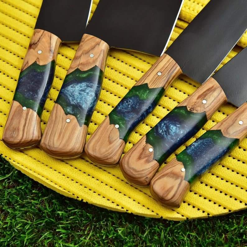 5-Piece Professional Black Blade Kitchen Knife Set with Wood & Resin Handles + Leather Roll Bag Knives Craft