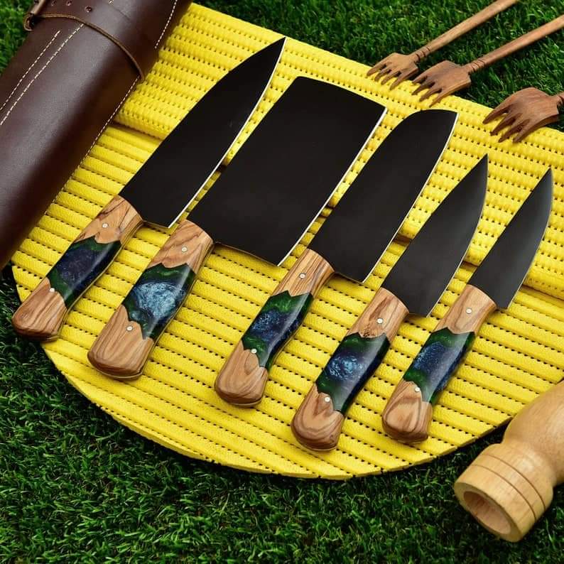 5-Piece Professional Black Blade Kitchen Knife Set with Wood & Resin Handles + Leather Roll Bag Knives Craft