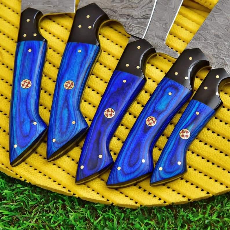5-Piece Professional Damascus Kitchen Knife Set with Blue Handles & Leather Roll Bag Knives Craft