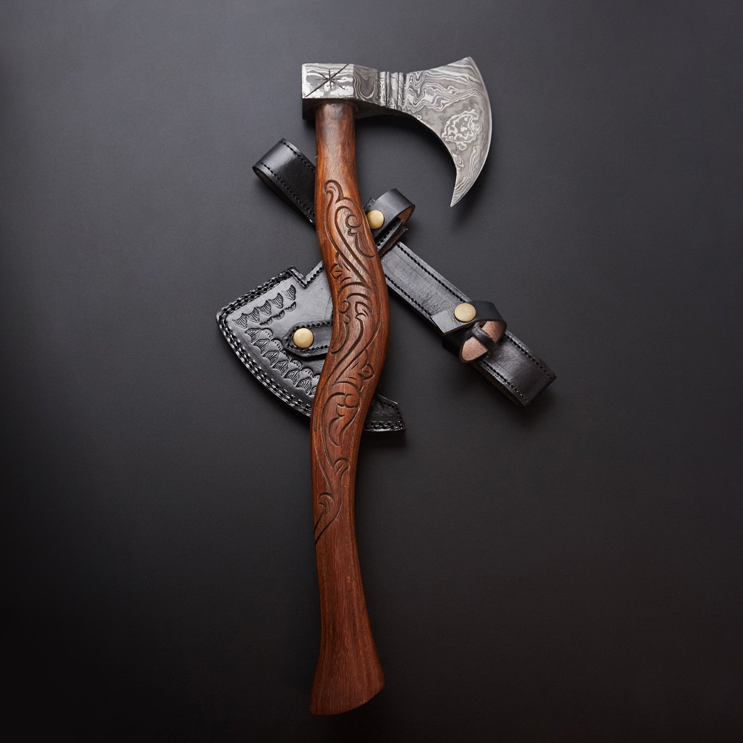 πͺ Hand-Forged Damascus Steel Viking Axe with Carved Wooden Handle & Black Leather Sheath πͺ Knives Craft