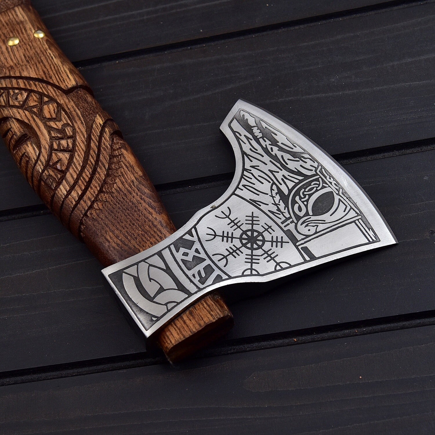 Handcrafted Viking Axe with Carved Wooden Handle & Leather Sheath Knives Craft