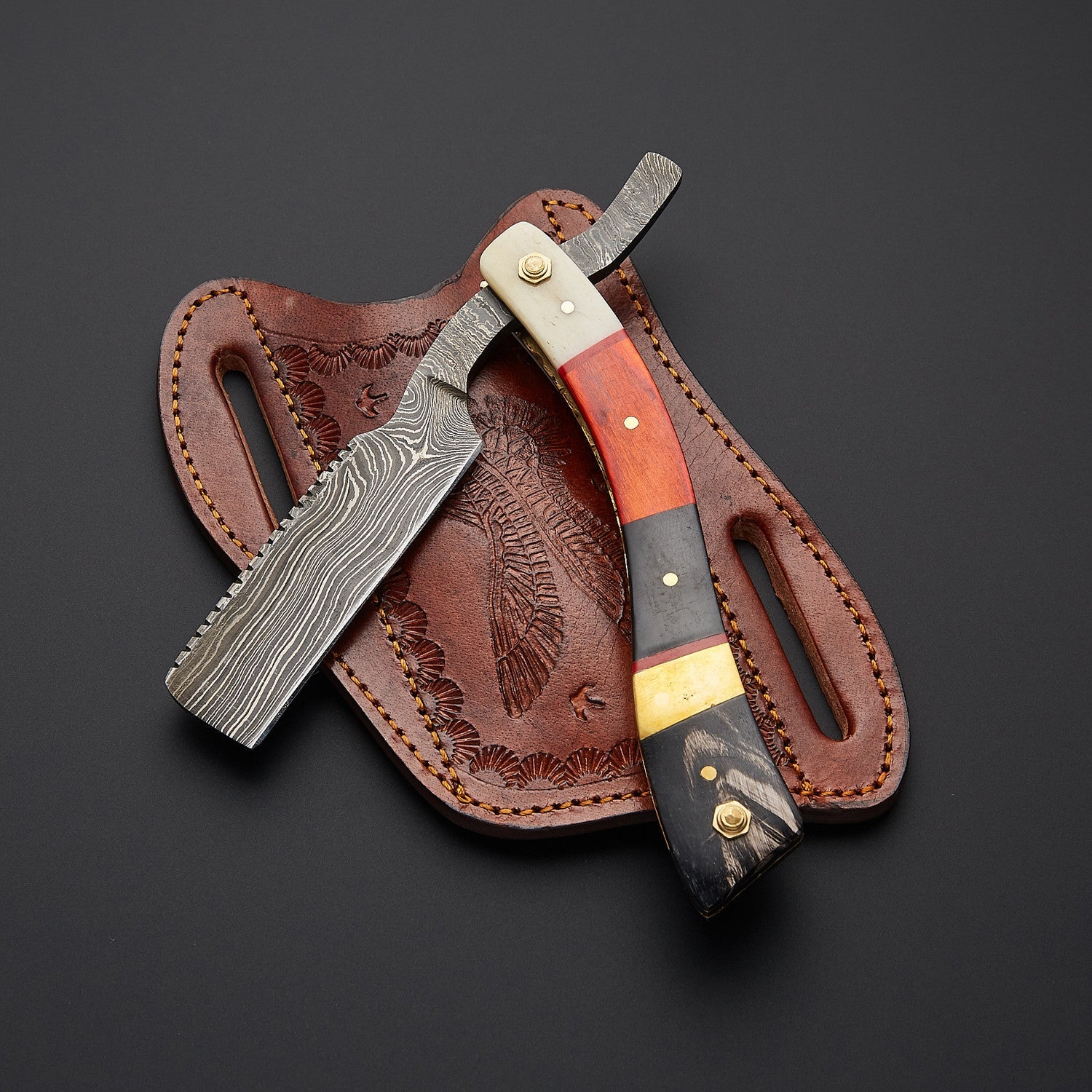 Damascus Steel Straight Razor Vibrant Wooden Handle, Leather Sheath Knives Craft