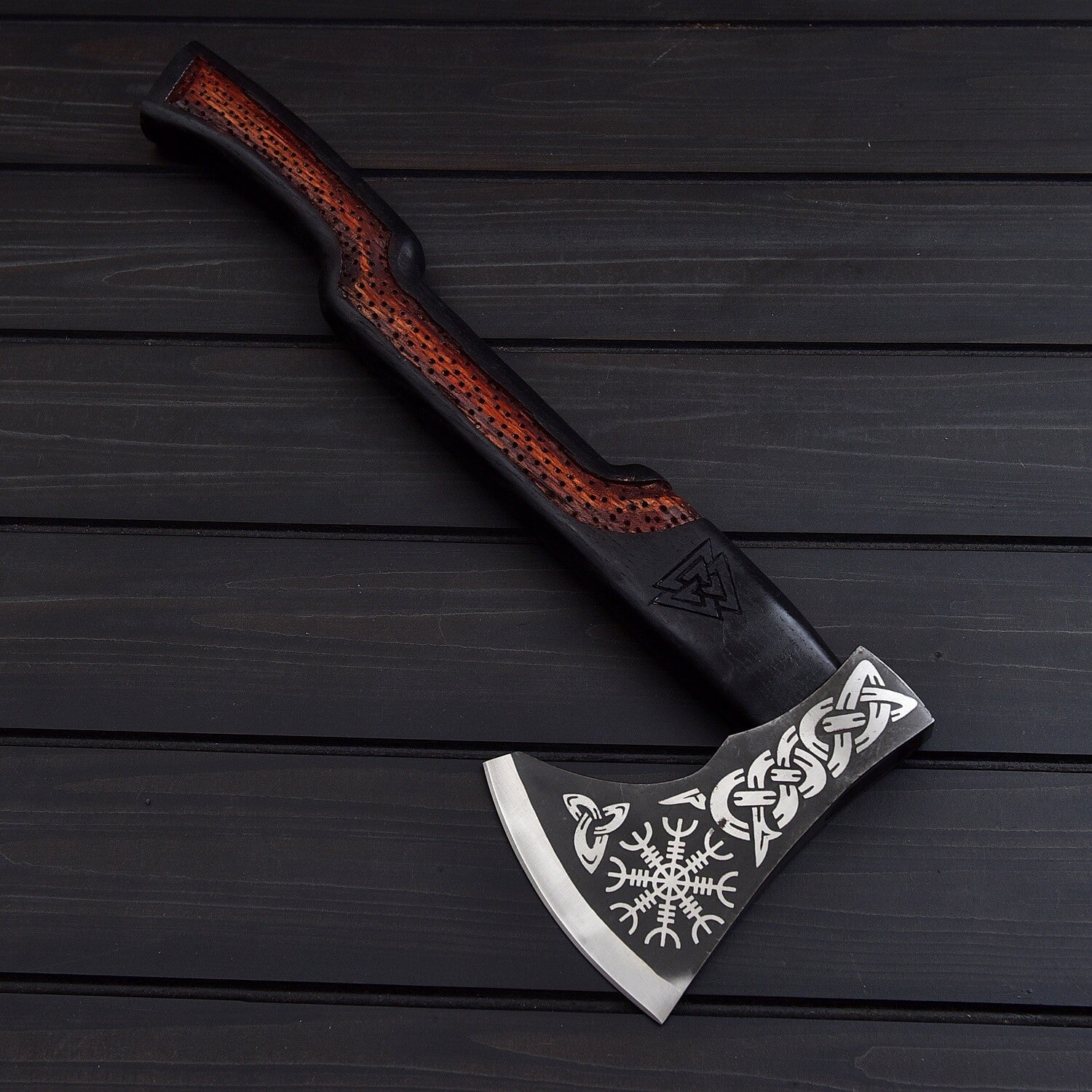 Handmade Viking Axe with Carved Handle & Leather Sheath – Norse Design Knives Craft