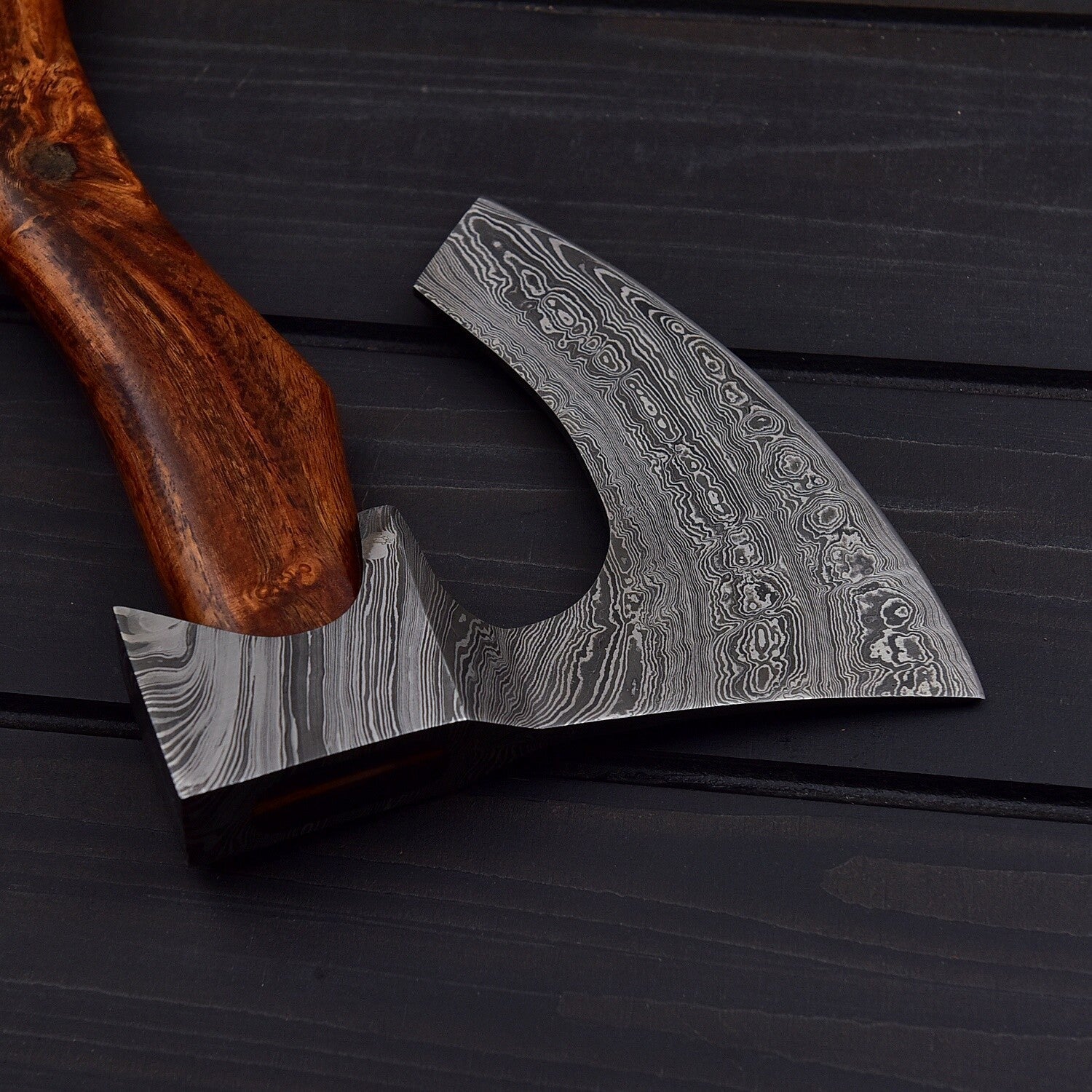 Hand-Forged Damascus Steel Viking Axe with Curved Wood Handle & Leather Sheath Knives Craft