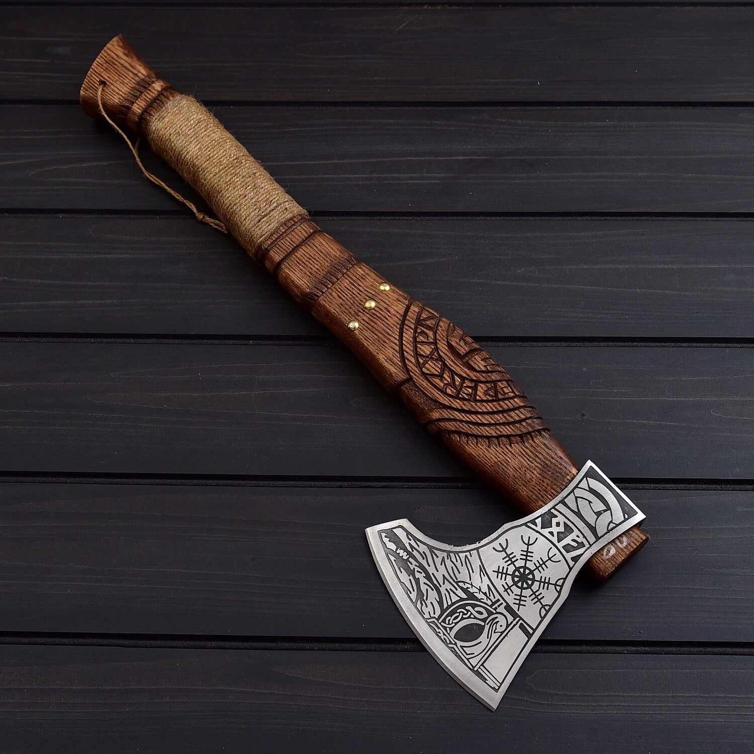 Handcrafted Viking Axe with Carved Wooden Handle & Leather Sheath Knives Craft