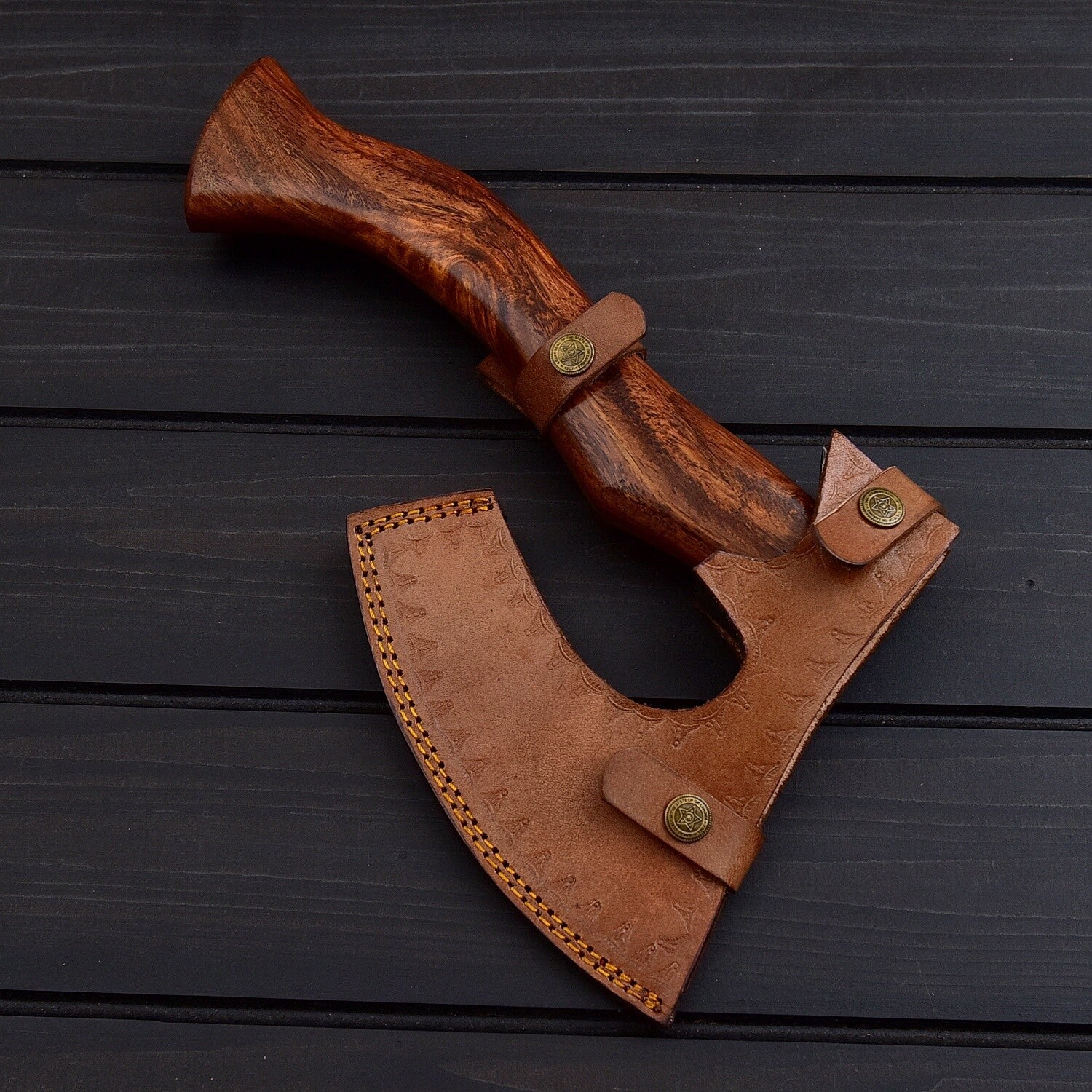 Hand-Forged Damascus Steel Viking Axe with Curved Wood Handle & Leather Sheath Knives Craft