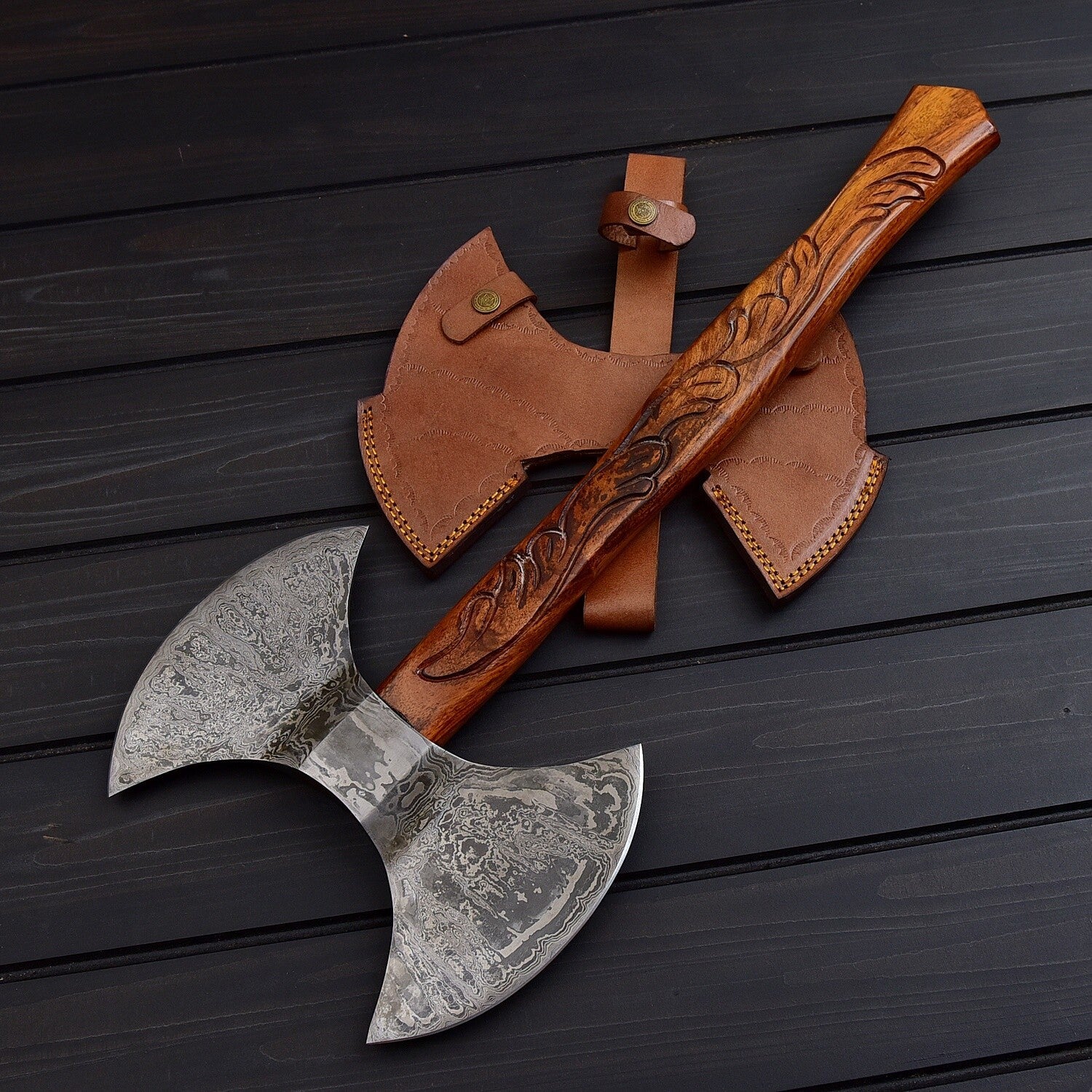 Hand-Forged Double Headed Viking Axe – Damascus Steel with Carved Handle & Leather Sheath Knives Craft