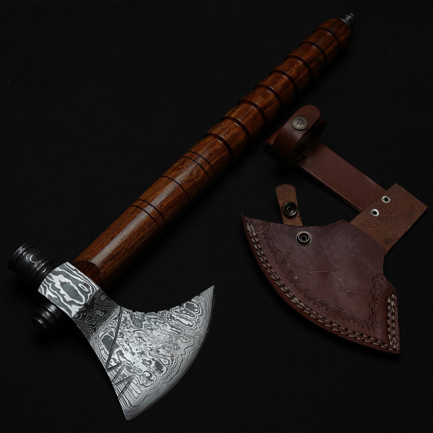 Hand-Forged Damascus Steel Viking Axe – Hammer Back, Wooden Handle & Leather Sheath Knives Craft