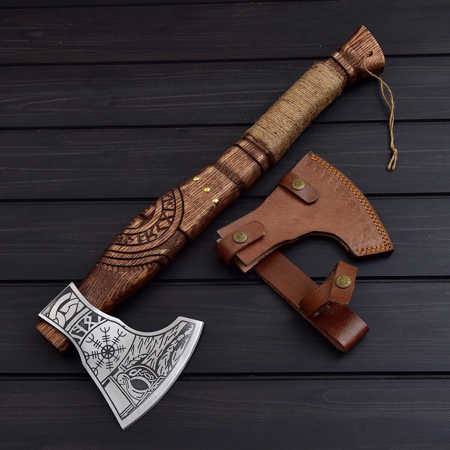 Handcrafted Viking Axe with Carved Wooden Handle & Leather Sheath Knives Craft