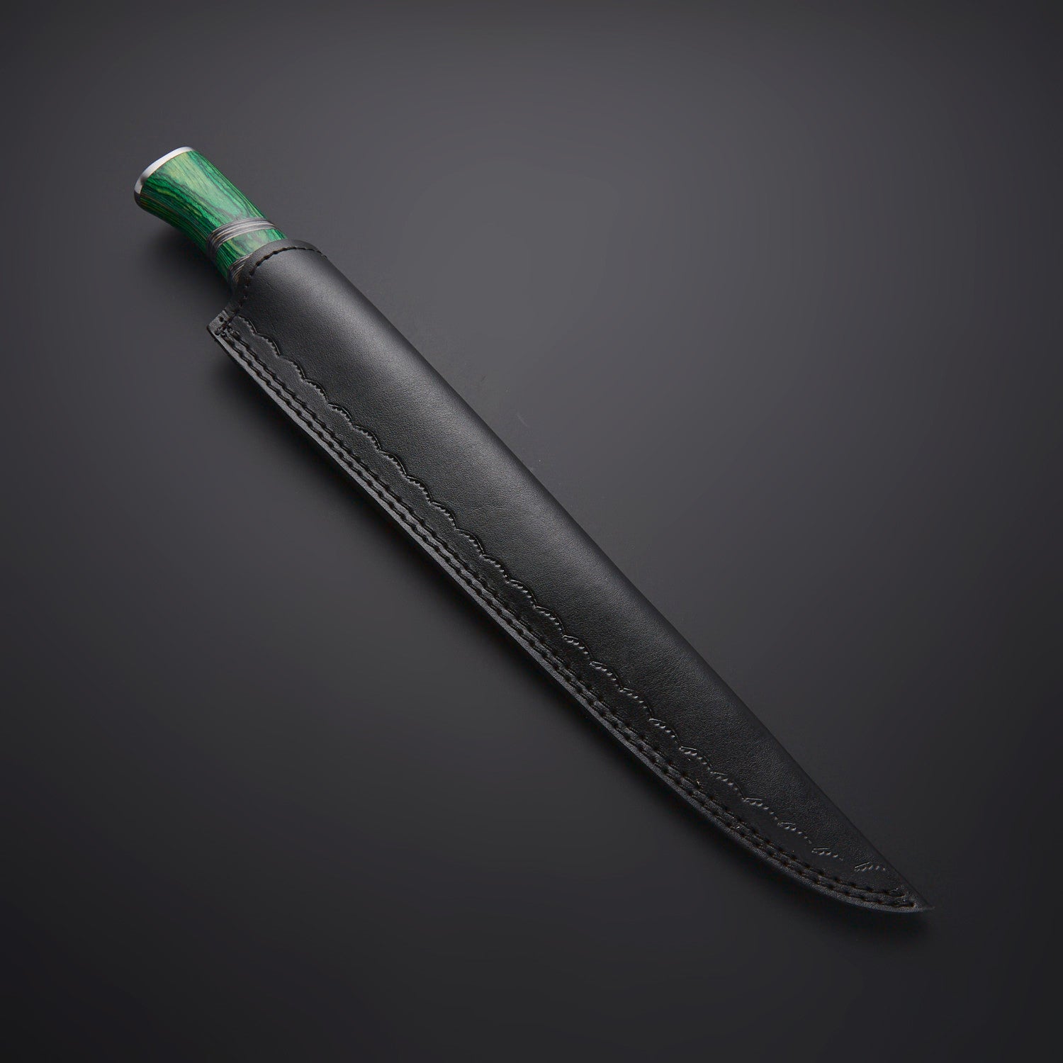 Japanese-Style Chef Knife with Green Wood Handle & Leather Sheath Knives Craft