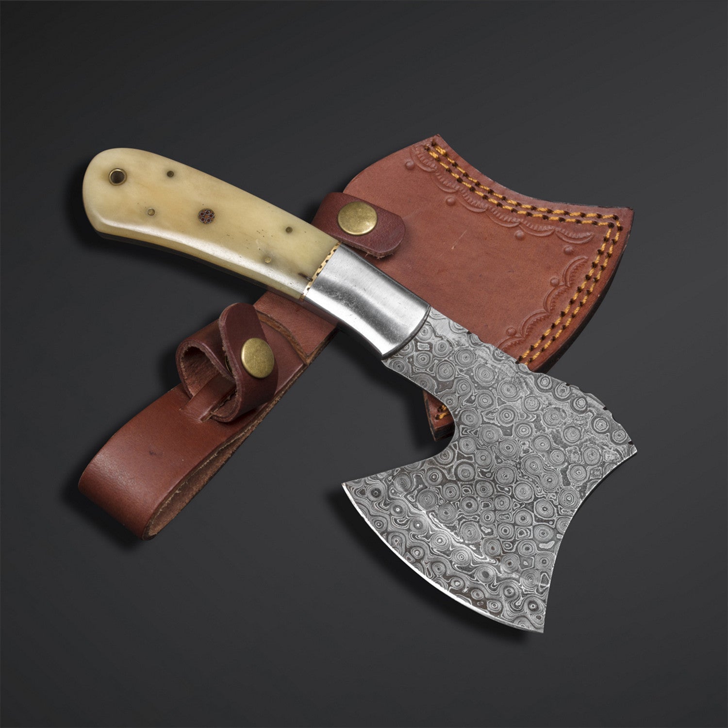 Custom Hand-Forged Damascus Steel Axe with Bone Handle & Leather Sheath Knives Craft