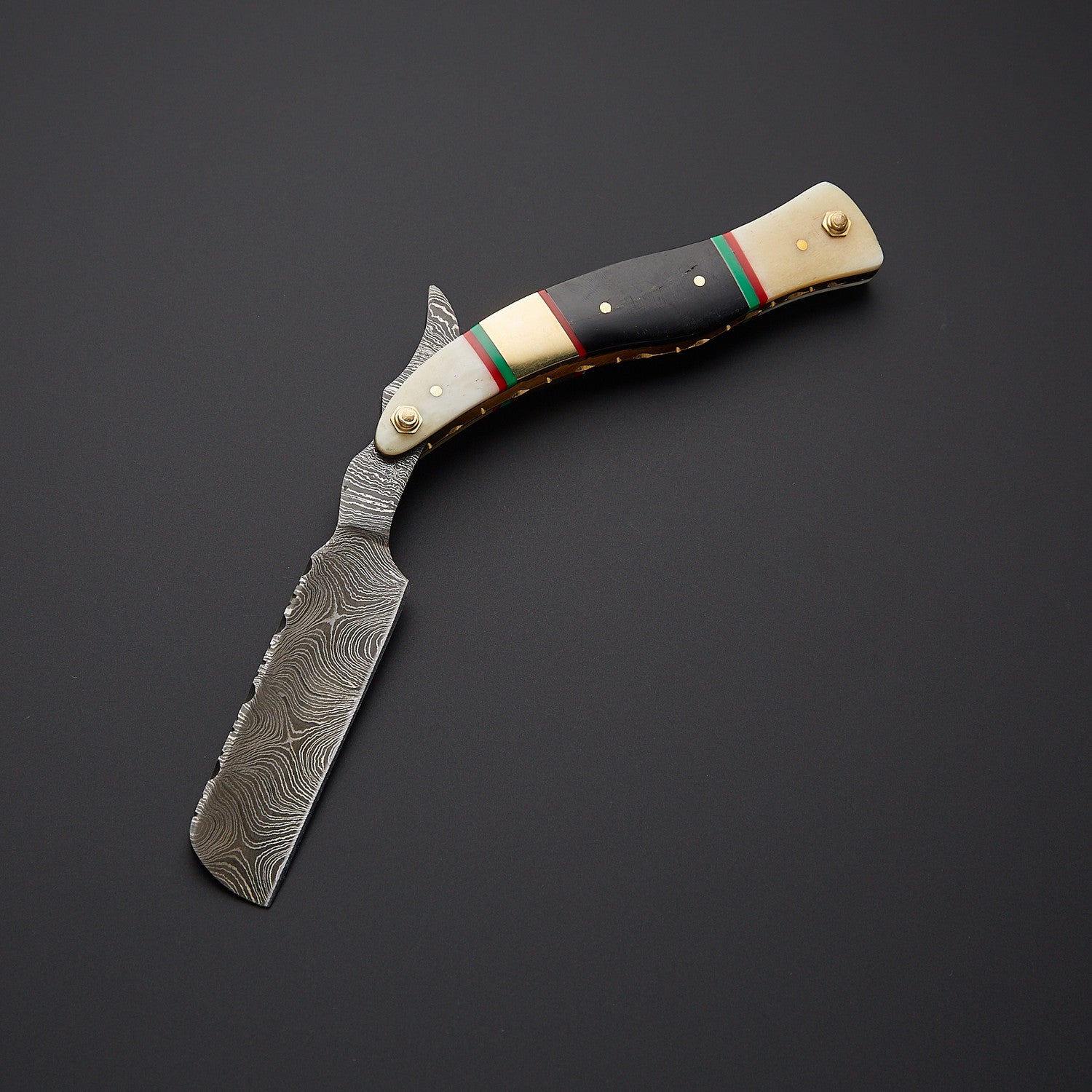 Damascus Steel Straight Razor Folding Knife  Colorful Wooden Handle, Leather Sheath Knives Craft