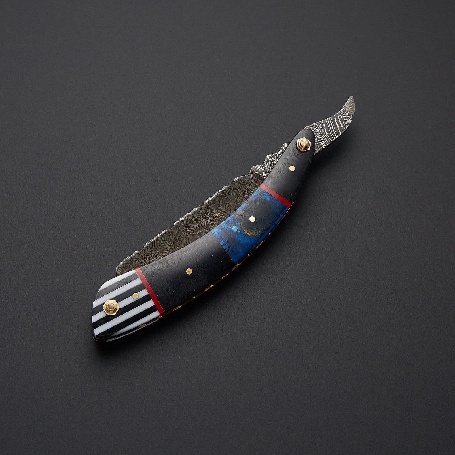 Damascus Steel Straight Razor Folding Knife Colorful Wooden Handle, Leather Sheath Knives Craft