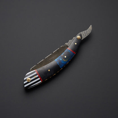 Damascus Steel Straight Razor Folding Knife Colorful Wooden Handle, Leather Sheath Knives Craft