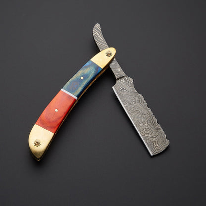 Damascus Steel Folding Knife Vibrant Wooden Handle, Leather Sheath Knives Craft