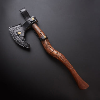 🪓 Hand-Forged Damascus Steel Viking Axe with Carved Wooden Handle & Black Leather Sheath 🪓 Knives Craft