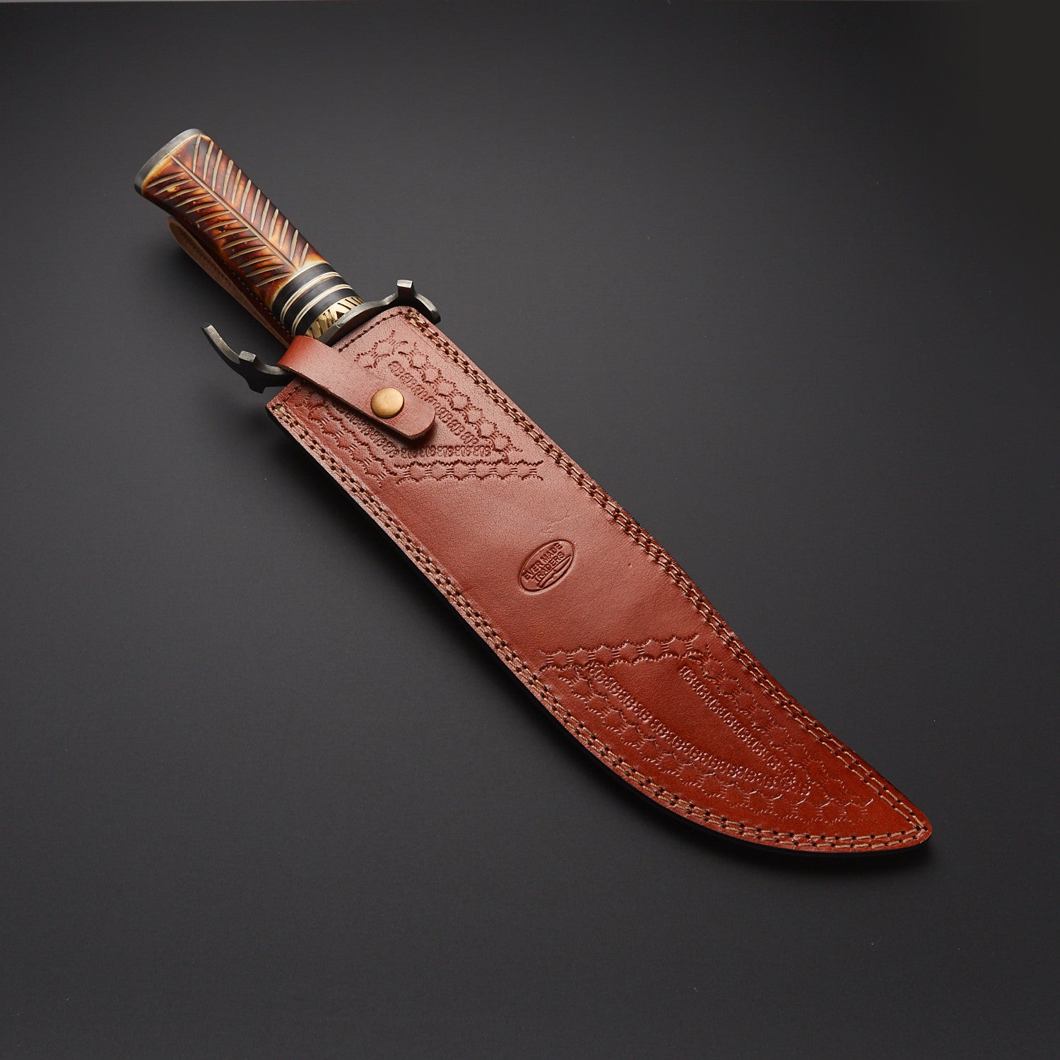 Handmade Damascus Steel Bowie Knife with Engraved Handle & Leather Sheath Knives Craft