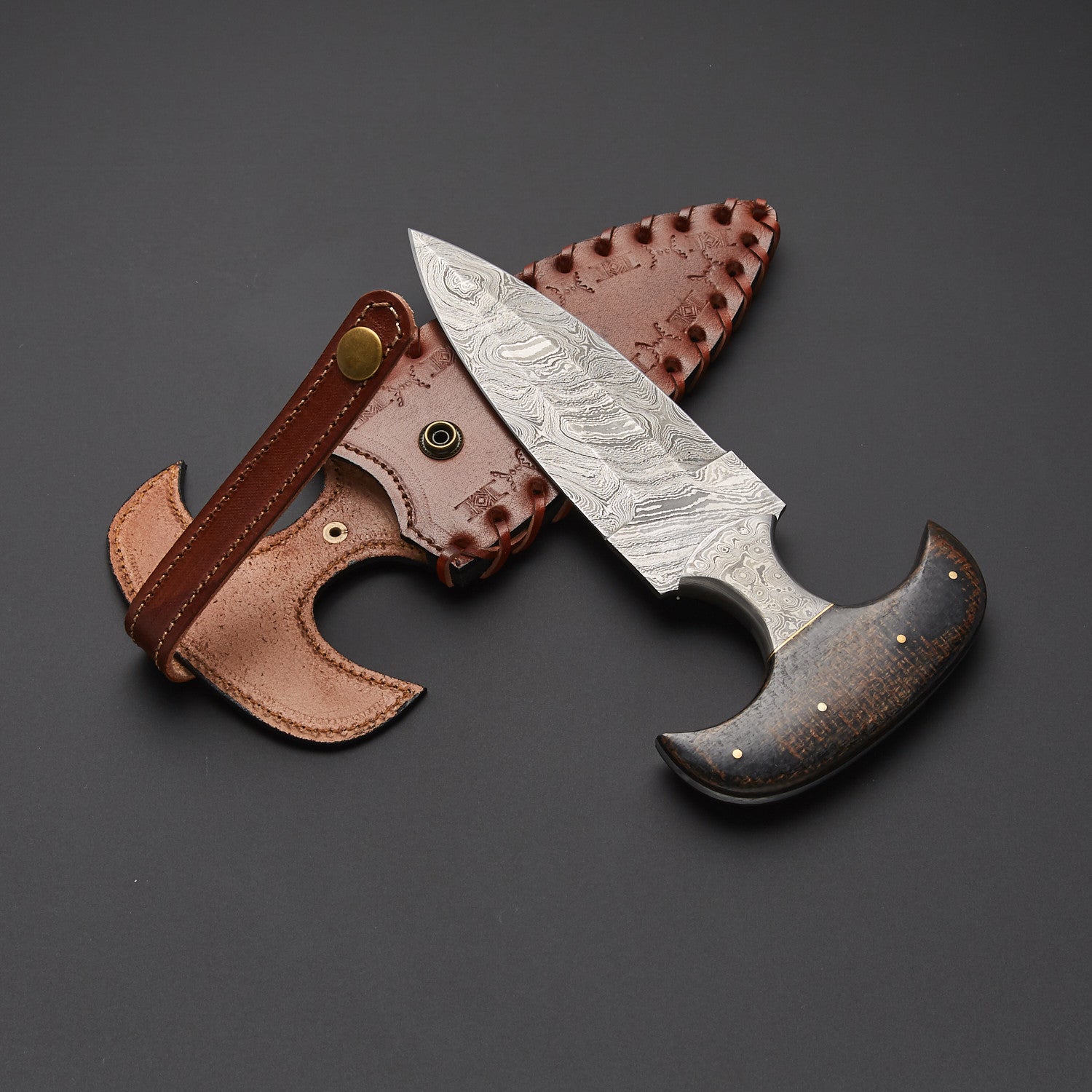 Handmade Damascus Steel Push Dagger Knife with Leather Sheath Knives Craft